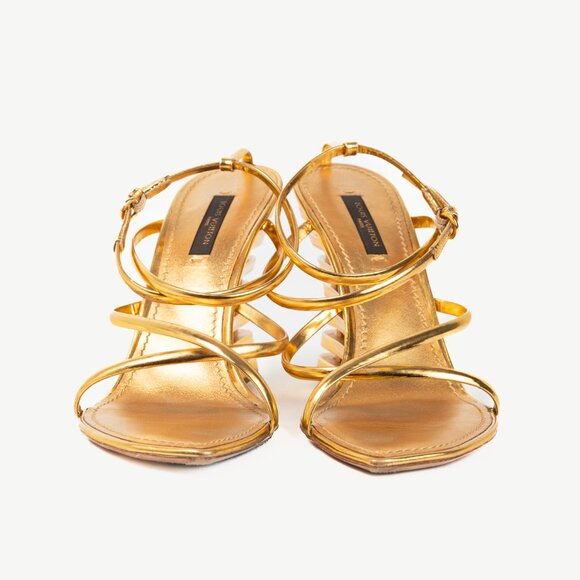 Louis Vuitton Lime Wedge Gold Leather Stepped-Heel Sandals - Picture 2 of 11